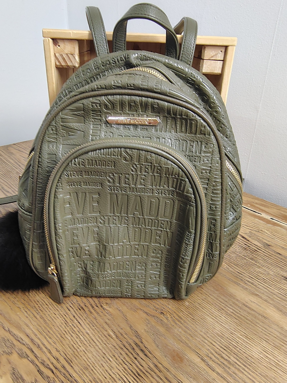 Steve Madden Olive Logo-Embossed Mini Backpack with Gold Hardware